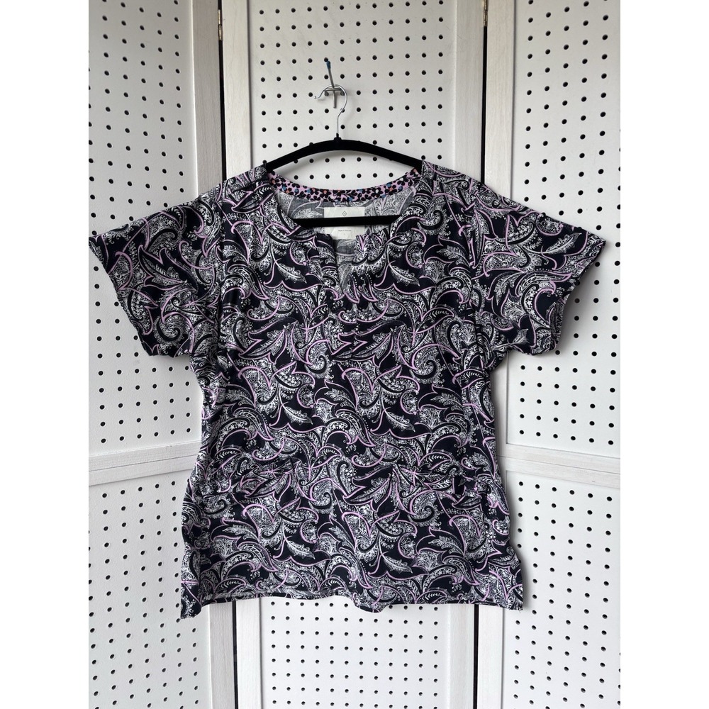 Vera Bradley Scrub Top Tee Short SLV Pink Black V Neck Women's LG Cotton Stretch